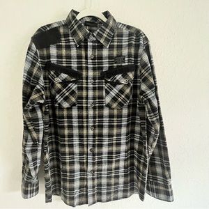 Most Official Seven Men’s Button Plaid Utility Long Sleeve Shirt Black